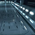 Futuristic Corridor Design With Metal Frames Transparent Windows Illuminated Light Strips And Sleek Metal Floor
