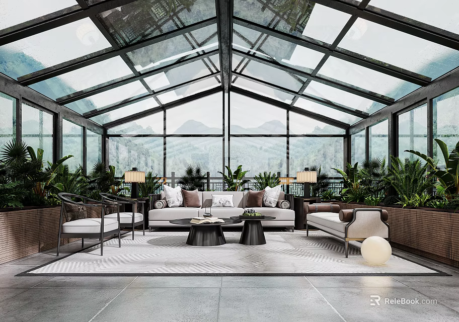 Luxurious Villa Balcony Glass Roof Lounge Area With Plants And Mountain View 3d model 