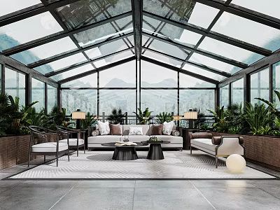 Luxurious Villa Balcony Glass Roof Lounge Area With Plants And Mountain View 3d model