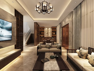 Elegant New Chinese Style Living Room With Solid Wood Furniture And Graceful Comfortable Interior Design 3d model