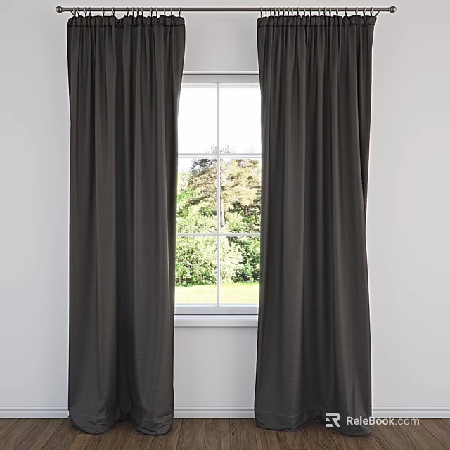 Dark Fabric Curtains Hanging By Window With Green Trees Outside Wall 3d model 