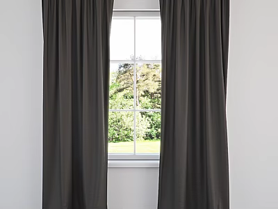 Dark Fabric Curtains Hanging By Window With Green Trees Outside Wall 3d model