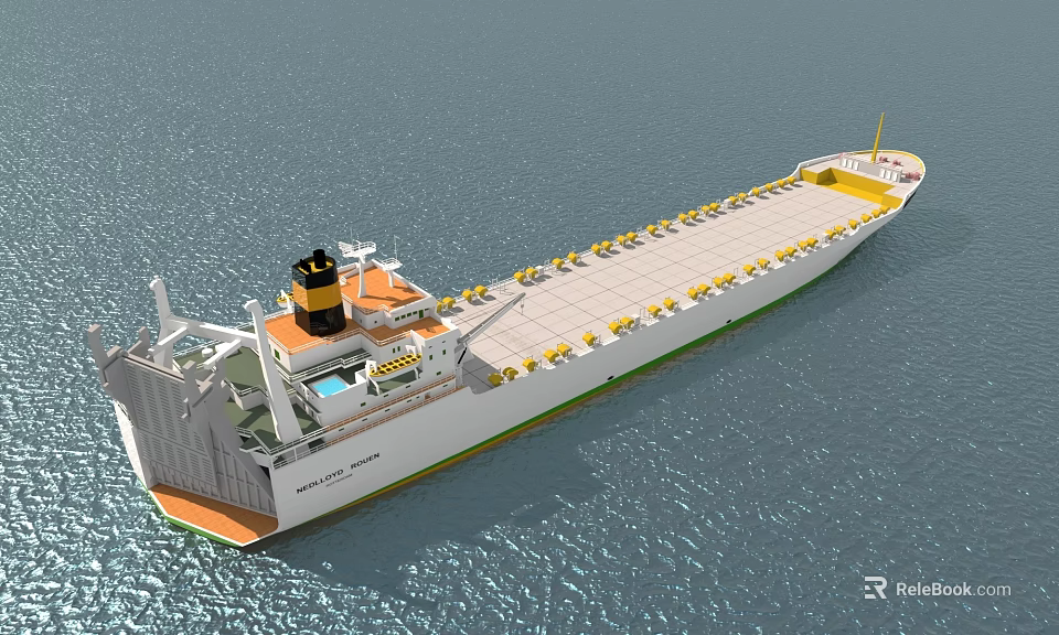 Large Cargo Ship Sailing On Open Ocean With Extended Deck And Metal Structure 3d model 