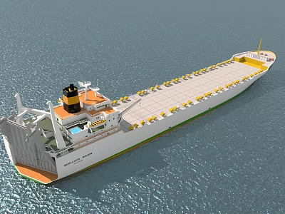 Large Cargo Ship Sailing On Open Ocean With Extended Deck And Metal Structure 3d model