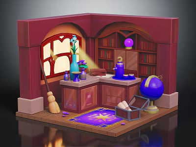 Enchanted Room Interior With Red Walls Arched Bookshelves Stained Glass Window And Magic Elements 3d model