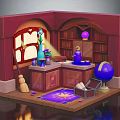 Enchanted Room Interior With Red Walls Arched Bookshelves Stained Glass Window And Magic Elements