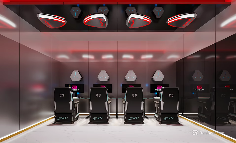 Modern Gaming Cafe Interior With Ergonomic Chairs High Performance PCs And RGB Lighting 3d model 