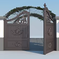 Wrought Iron Entrance Gate with Intricate Carvings Arched Top Green Foliage and Side Lanterns Design