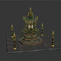 Ornate Golden Pagoda Like Structure With Lotus Base And Spire Pillars On Stone Slab