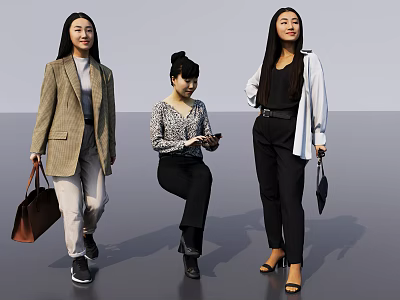 Women Walking In Plaid Blazer Sitting Checking Phone Standing With White Coat And Bags 3d model