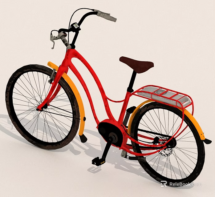 Red Bicycle With Brown Seat Silver Rack Yellow Fenders And Black Wheels 3d model 