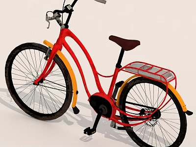 Red Bicycle With Brown Seat Silver Rack Yellow Fenders And Black Wheels 3d model