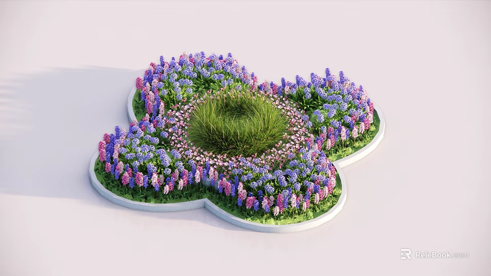 Clover Shaped Flower Bed Planter With Purple Pink Flowers And Green Grass 3d model 