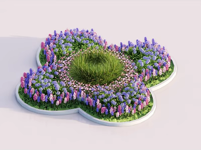Clover Shaped Flower Bed Planter With Purple Pink Flowers And Green Grass 3d model