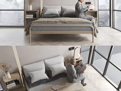 Modern Double Bed Bedroom Interior With Bedside Table Pillows And Window View 3d model