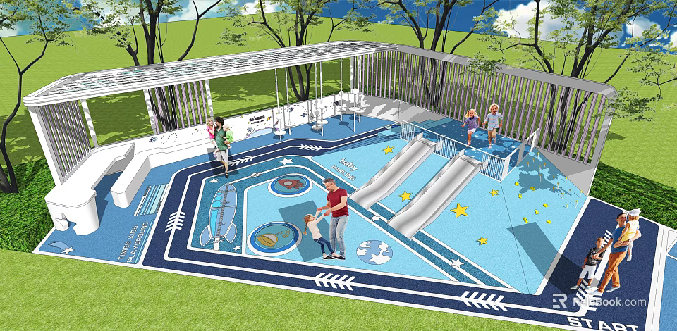 Garden Landscape Kids Playground Featuring Slides Themed Floor And Shaded Structure 3d model 