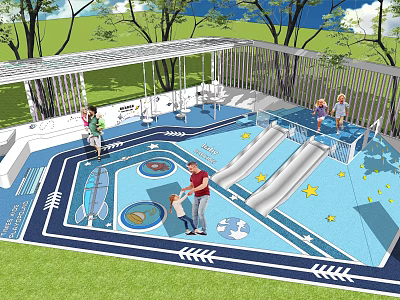Garden Landscape Kids Playground Featuring Slides Themed Floor And Shaded Structure 3d model