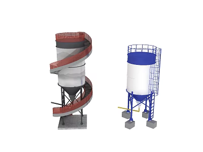 Industrial Equipment Including Spiral Conveyor And Blue Top Storage Tank With Ladder 3d model
