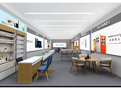 Huawei Digital Store Showcasing Pura70 Series Smartphones With Display Counters And Experience Tables 3d model