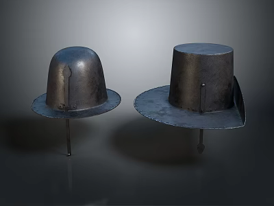 Two Shiny Metal Hat Shaped Household Items With Wide Brims On Dark Background 3d model
