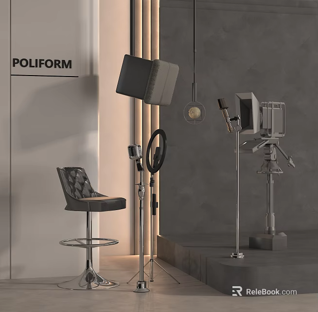 Modern POLIFORM Interior With Entertainment Appliances Ring Light Microphone Speaker And Grey Stool 3d model 