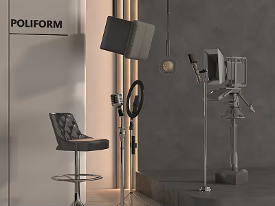Modern POLIFORM Interior With Entertainment Appliances Ring Light Microphone Speaker And Grey Stool 3d model