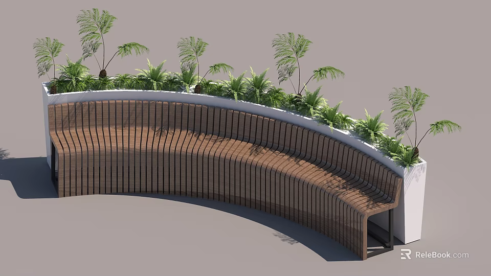 Curved Wooden Bench Surrounded by Green Plants and White Flower Bed in Outdoor Area 3d model 