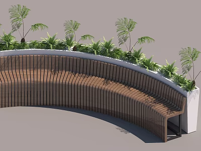 Curved Wooden Bench Surrounded by Green Plants and White Flower Bed in Outdoor Area 3d model