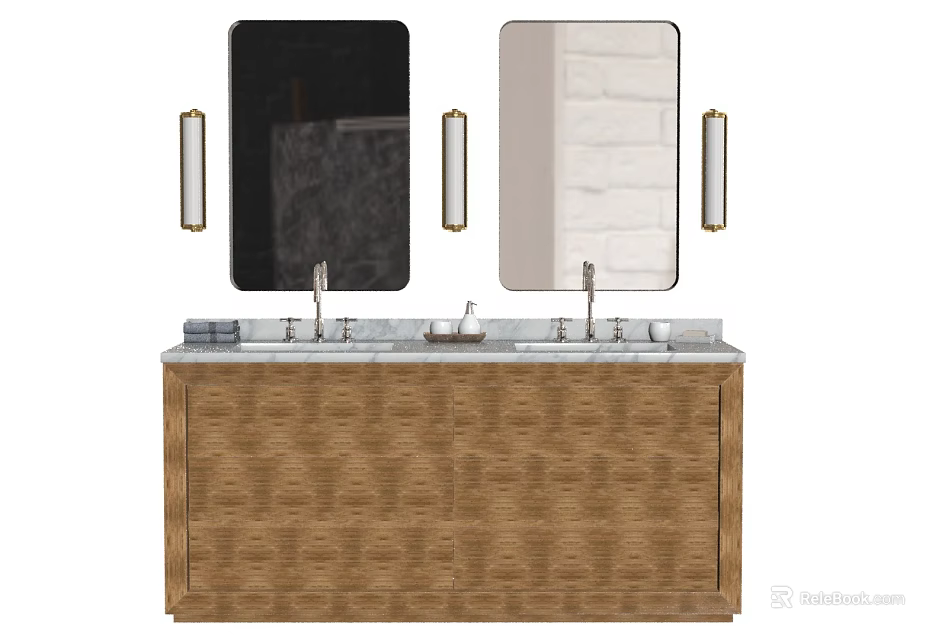 Double Washbasin Vanity With Marble Countertop Wooden Cabinet Mirrors And Wall Lamps 3d model 
