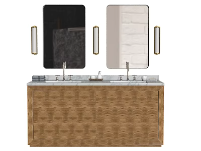 Double Washbasin Vanity With Marble Countertop Wooden Cabinet Mirrors And Wall Lamps 3d model