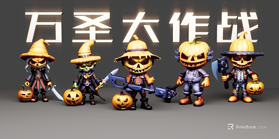 Halloween Battle Themed Collectible Dolls With Pumpkin Head Scarecrow And Weapons 3d model 