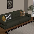 Green Leather Sofa With Colorful Throw Pillows Small Side Table Potted Plant And Geometric Rug