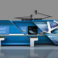 Blue Train Shaped Tech Exhibition Hall With Interactive Digital Screens And Graphics 3d model