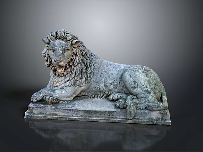 Detailed Reclining Stone Lion Statue on Classical Pedestal with Dark Background 3d model