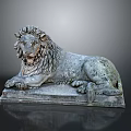 Detailed Reclining Stone Lion Statue on Classical Pedestal with Dark Background
