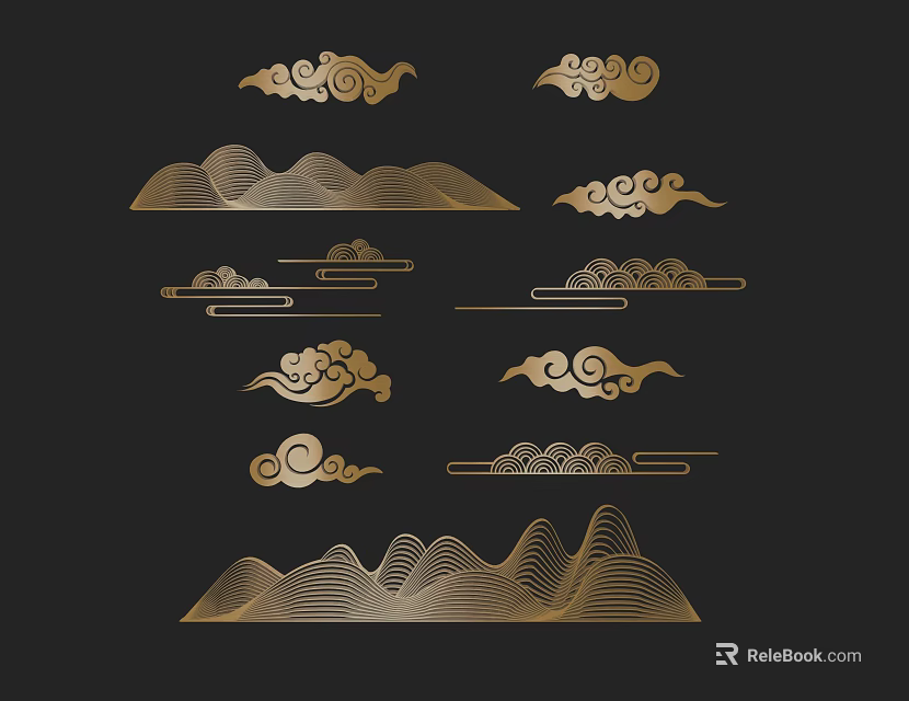 Traditional Chinese Golden Wall Decor With Linear Cloud And Mountain Patterns 3d model 
