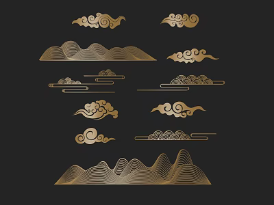 Traditional Chinese Golden Wall Decor With Linear Cloud And Mountain Patterns 3d model