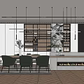 Modern Restaurant Interior With Dining Table Chairs Pendant Lights Wine Rack Fireplace And Herringbone Floor 3d model