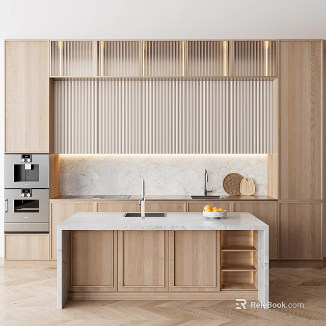 Modern Kitchen With Light Wood Cabinets Island And Marble Backsplash 3d model 
