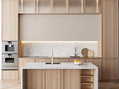 Modern Kitchen With Light Wood Cabinets Island And Marble Backsplash 3d model