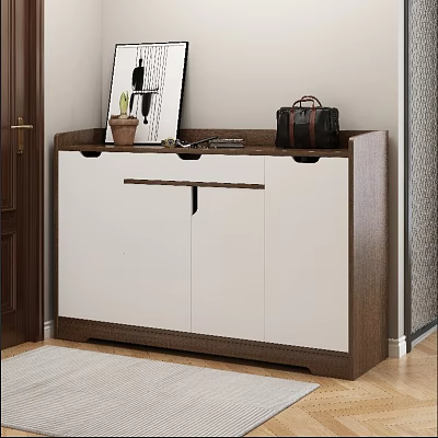 Modern Shoe Cabinet With White Doors Brown Frame And Potted Plant On Top 3d model
