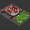 Aerial View Of 3D Rendered Stadium With Green Field And Surrounding Track