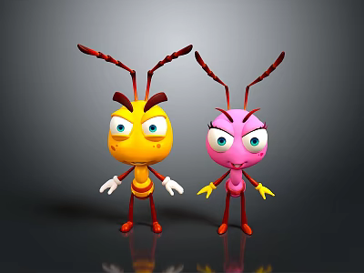 Cute Yellow And Pink Cartoon Ants With Big Eyes And Red Antennae 3d model
