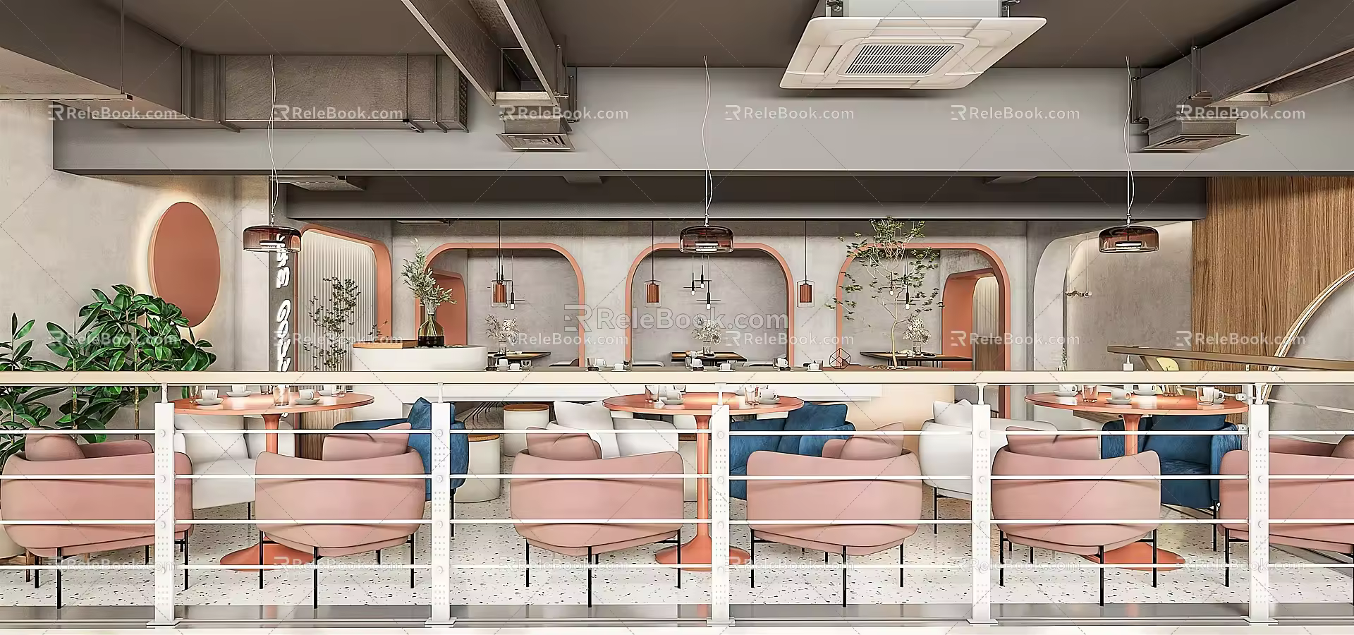 Qui Cafe Milk Tea Shop Net Red Shop Sweet Shop Snack Shop Leisure Table and Chair Catering Chandelier Railing 3d model