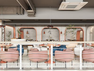 Qui Cafe Milk Tea Shop Net Red Shop Sweet Shop Snack Shop Leisure Table and Chair Catering Chandelier Railing 3d model