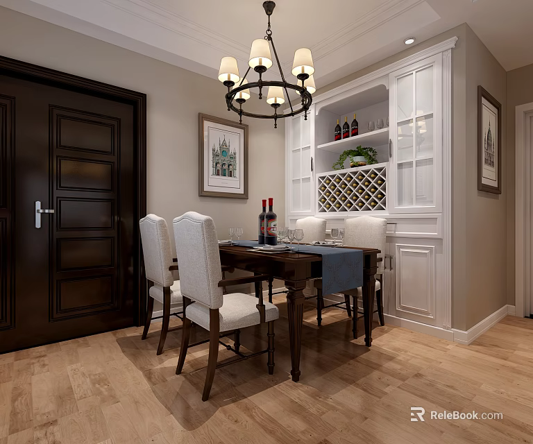 Classic Restaurant Interior With Wooden Dining Table White Chairs Chandelier Wine Cabinet And Decorative Paintings 3d model 