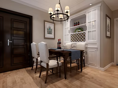 Classic Restaurant Interior With Wooden Dining Table White Chairs Chandelier Wine Cabinet And Decorative Paintings 3d model