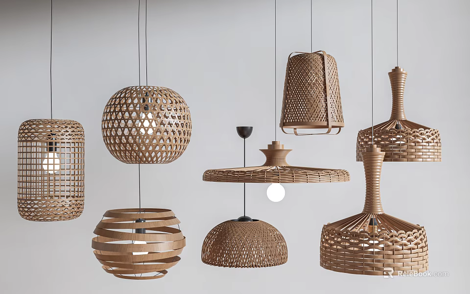 Natural Style Pendant Lights With Rattan Woven Design And Various Shapes 3d model 