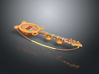 Handcrafted Traditional Wooden String Instrument with Decorative Beads Long Neck and Colorful Gemstone Inlays 3d model