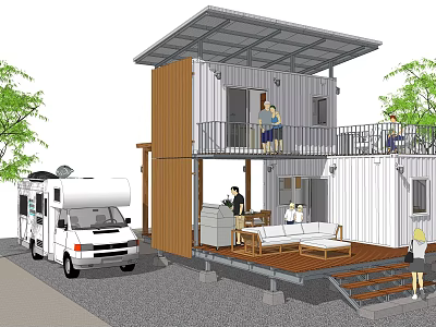 Two Story Container House With Wooden Deck And RV Next To Outdoor Area With People 3d model